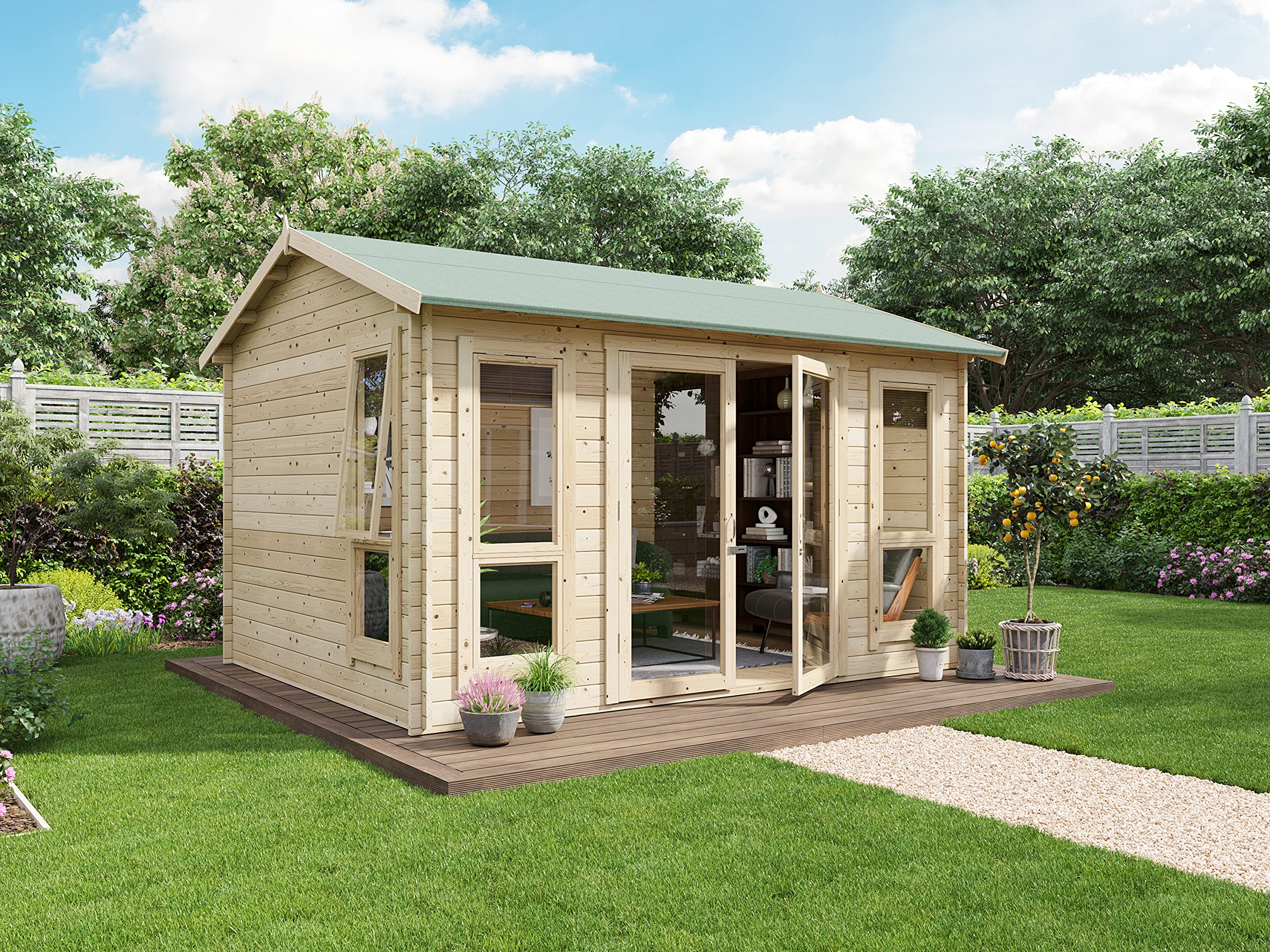 BillyOh Darcy 12x10 Log Cabin Summer House Shed with 19mm Wall Logs Thickness, Modern Apex Roof, Pressure Treated Wood & Shatterproof Windows - Image 2