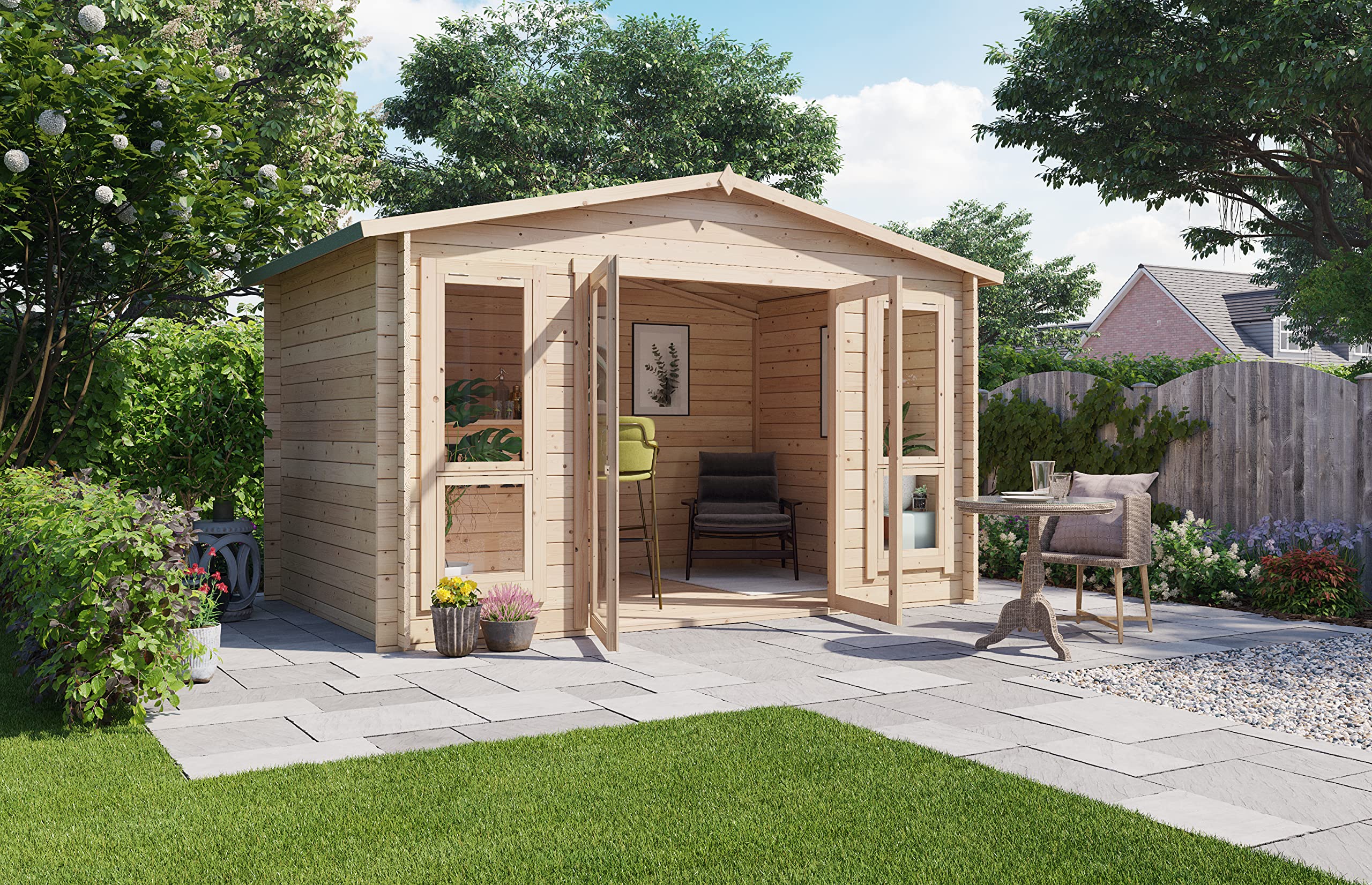 BillyOh Sasha 12 x 8 Log Cabin Summer House Shed – Wooden Garden Room with Apex Roof, Double Doors, Floor, Roof & Felt | Outdoor Office, Home Studio - Image 2