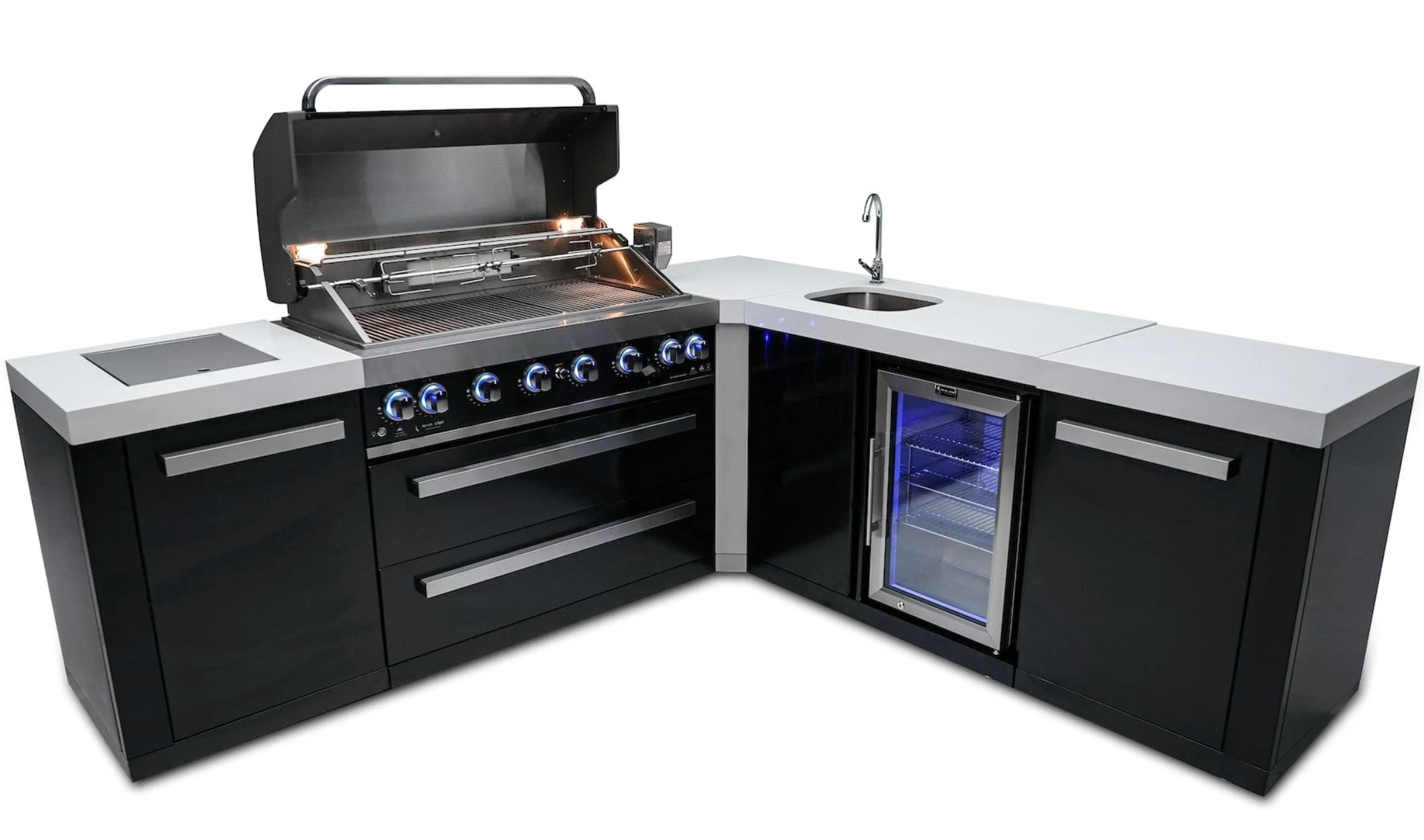 Mont Alpi 805 Black Stainless Steel Island with Beverage Center and 90 Degree Corner 6-Burner Grill 2 Infrared Burners Sink, Fridge - Image 2