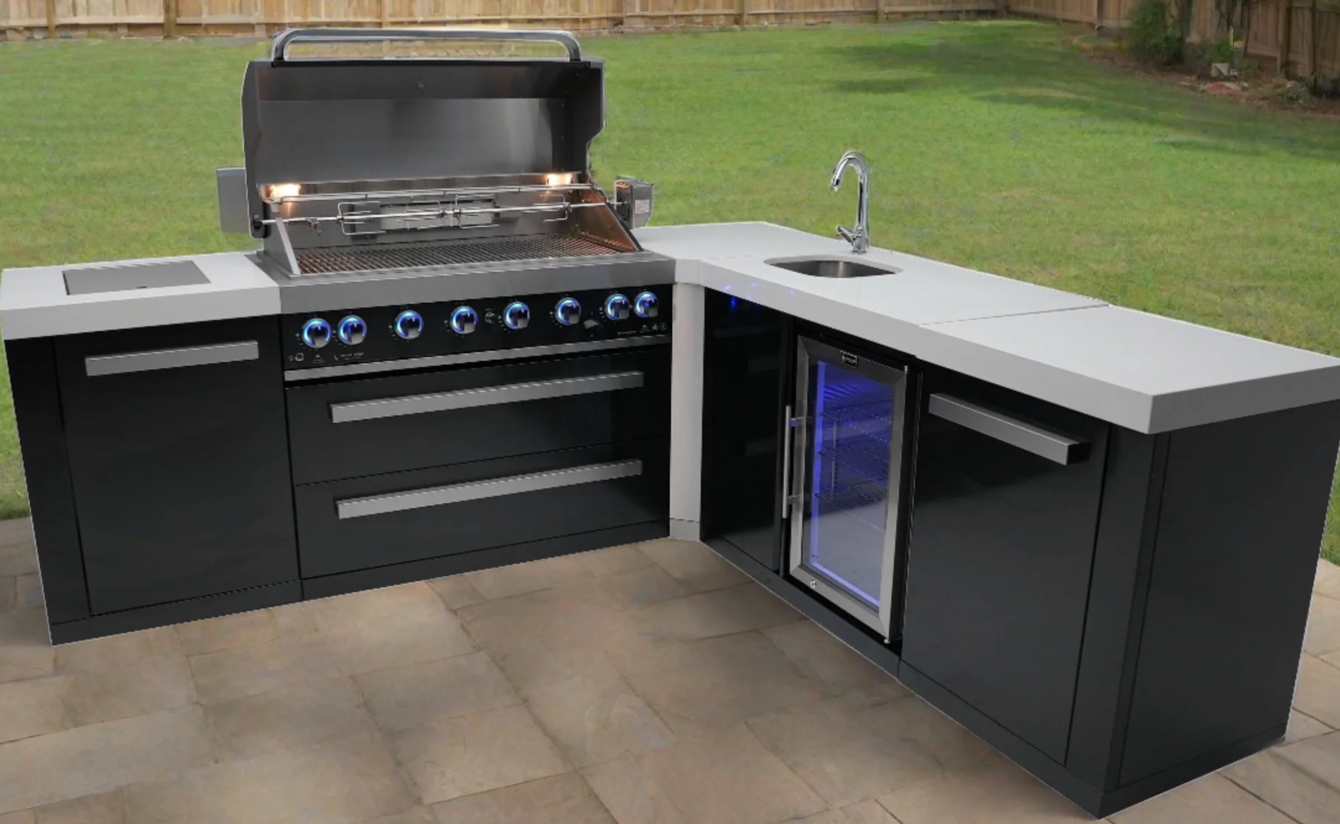 Mont Alpi 805 Black Stainless Steel Island with Beverage Center and 90 Degree Corner 6-Burner Grill 2 Infrared Burners Sink, Fridge - Image 3